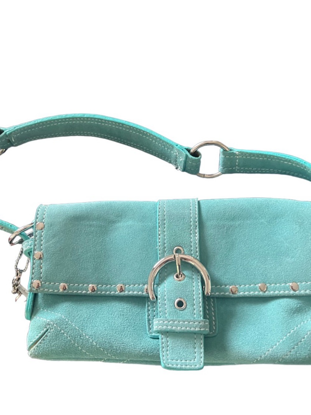 Y2K Turquoise Suede Shoulder Bag with Silver Hardware